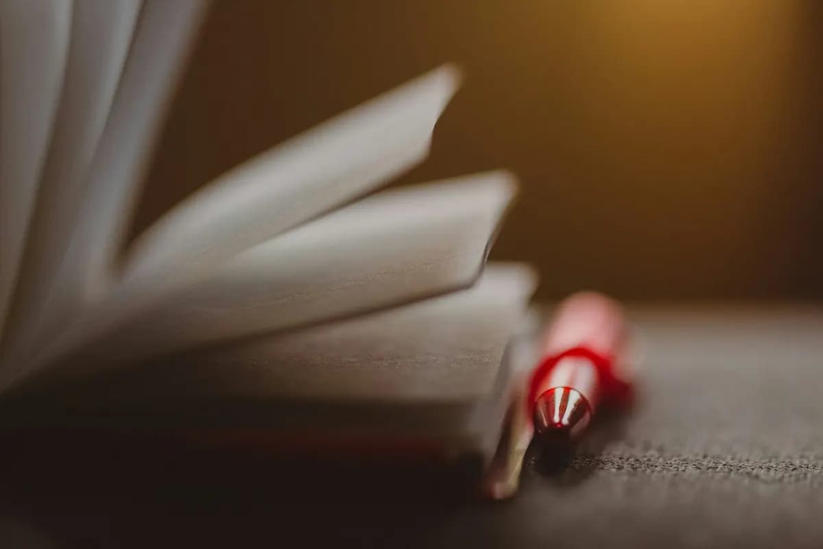 A red pen lying beside the open pages of a book in warm light