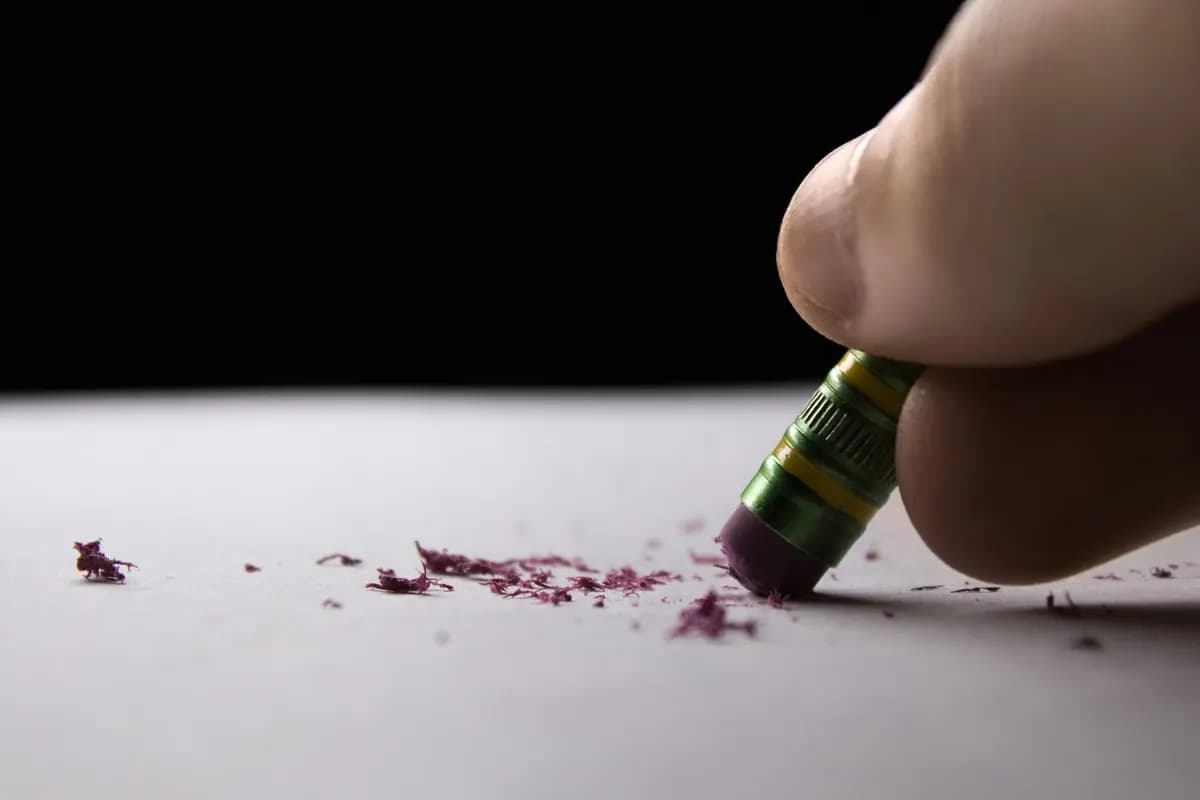 A pencil eraser rubbing out marks on a sheet of paper, with eraser crumbs scattered around it